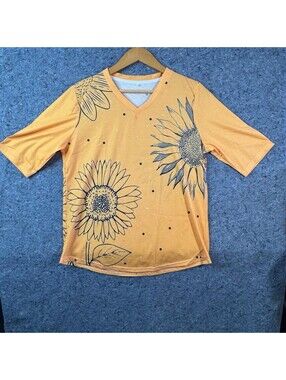 NEW Sunflower Print Top L Yellow 3/4 Sleeve V-Neck Stretchy Knit Shirt Fall